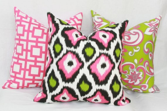Pink, Green Black Ikat Decorative Throw Pillow X 18