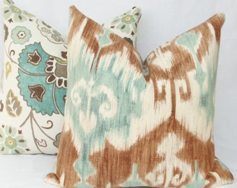 Blue & tan ikat decorative throw pillow cover. 18" x 18". 20" x 20". 22" x 22". 24" x 24". 26" x 26". lumbar sizes