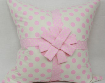 Light pink & creme decorative throw pillow cover with ribbon and bow. 18' x 18" children's/girl's pillow.nursery pillow.