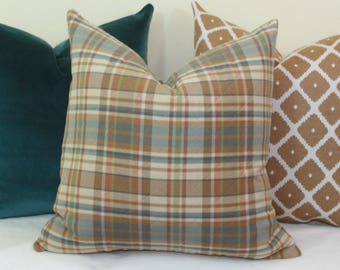 Teal tan quilted plaid throw pillow cover 18x18 20x20 22x22 24x24 26x26 12x24 14x26 16x26 16x24 Teal plaid pillow Euro sham Lumbar pillow