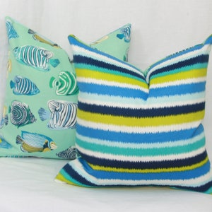 Blue green ikat stripe  indoor/outdoor decorative throw pillow cover. 18&quot; x 18&quot; .
