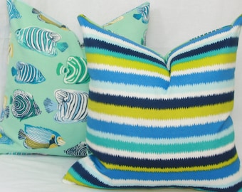 Blue green ikat stripe  indoor/outdoor decorative throw pillow cover. 18" x 18" .