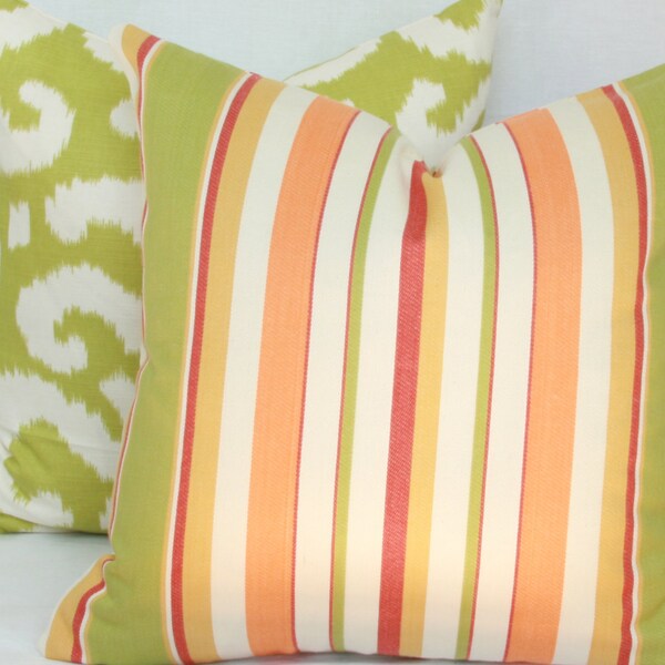 Green & orange striped decorative throw pillow cover. 18" x 18" pillow cover.