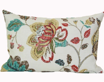 Teal red floral lumbar pillow cover 12x18 12x20 13x20 12x24 Red lumbar pillow Teal lumbar pillow Fall lumbar Robert Allen spring mix pillow