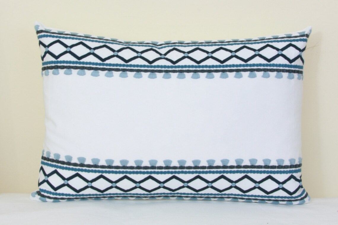 Blue white embroidered decorative pillow cover 20x20 22x22 Etsy