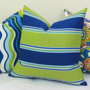 Blue green stripe indoor/outdoor throw pillow cover. 18x18 20x20 outdoor pillow cover. toss pillow.