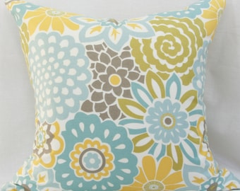 Light blue & yellow floral pillow cover 16x16 18x18 20x20 22x22 24x24 26x26 Euro sham Lumbar 12x20 12x24 14x26 16x24 16x26 Blue yellow green