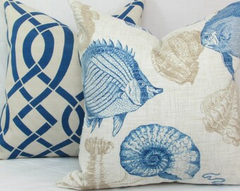 Blue & beige sea life  indoor/outdoor throw pillow cover. 18" x 18". outdoor pillow cover. Nautical pillow.