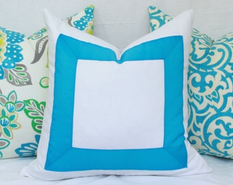 Blue & white ribbon border decorative throw pillow cover. 18" x 18". 20" x 20". 22" x 22". 24" x 24". toss pillow.