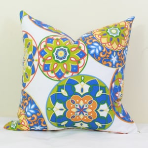 Blue, green & orange indoor/outdoor pillow cover. 18x18 20x20 22x22 24x24 26x26 12x20 12x24 14x24 14x26 16x26
