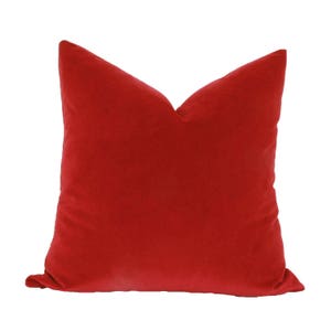 May include: A solid red velvet pillow with a smooth, soft texture.