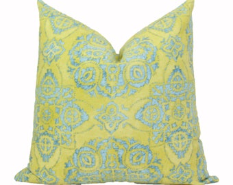 Teal yellow batik pillow cover 18x18 20x20 22x22 24x24 26x26 Euro sham aqua yellow Lumbar pillow Yellow blue pillow 12x20 14x26 16x24 16x26