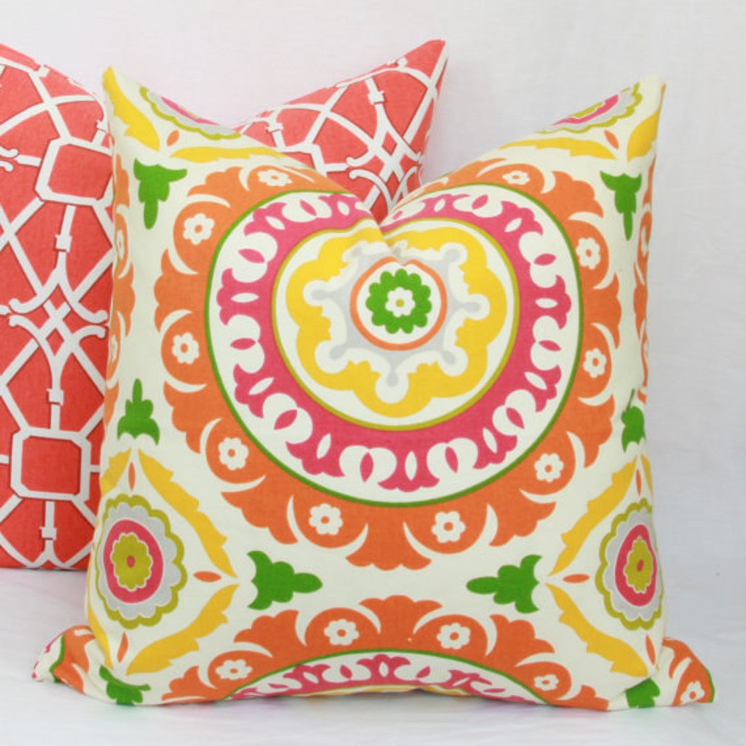 Orange Yellow Pink Suzani Pillow Cover 18x18 20x20 22x22 24x24 Etsy