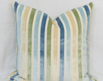 Pastel stripe velvet decorative throw pillow cover. 12x18 14x24 12x20 13x20 14x20 Robert Allen colorful lanes chambray.