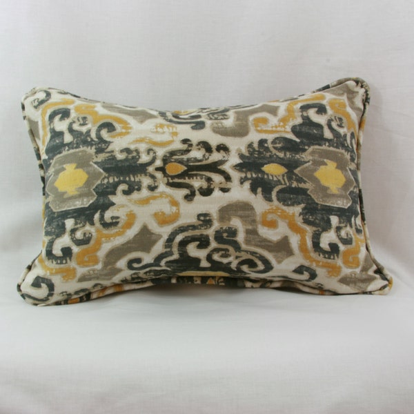 gold and grey ikat decorative throw pillow cover. 12x18 12x18 lumbar pillow cover