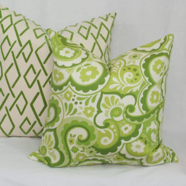 Green paisley throw pillow cover 18x18 pillow Light green Lime green Kiwi green Green white pillow Green cream Green ivory
