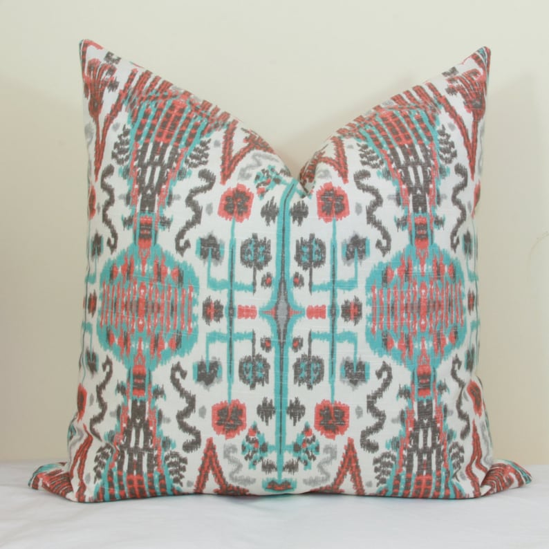 Coral Aqua Ikat Throw Pillow Cover 18x18 20x20 22x22 24x24 Etsy
