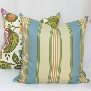 Blue stripe indoor/outdoor decorative throw pillow cover. 18&quot; x 18&quot;.