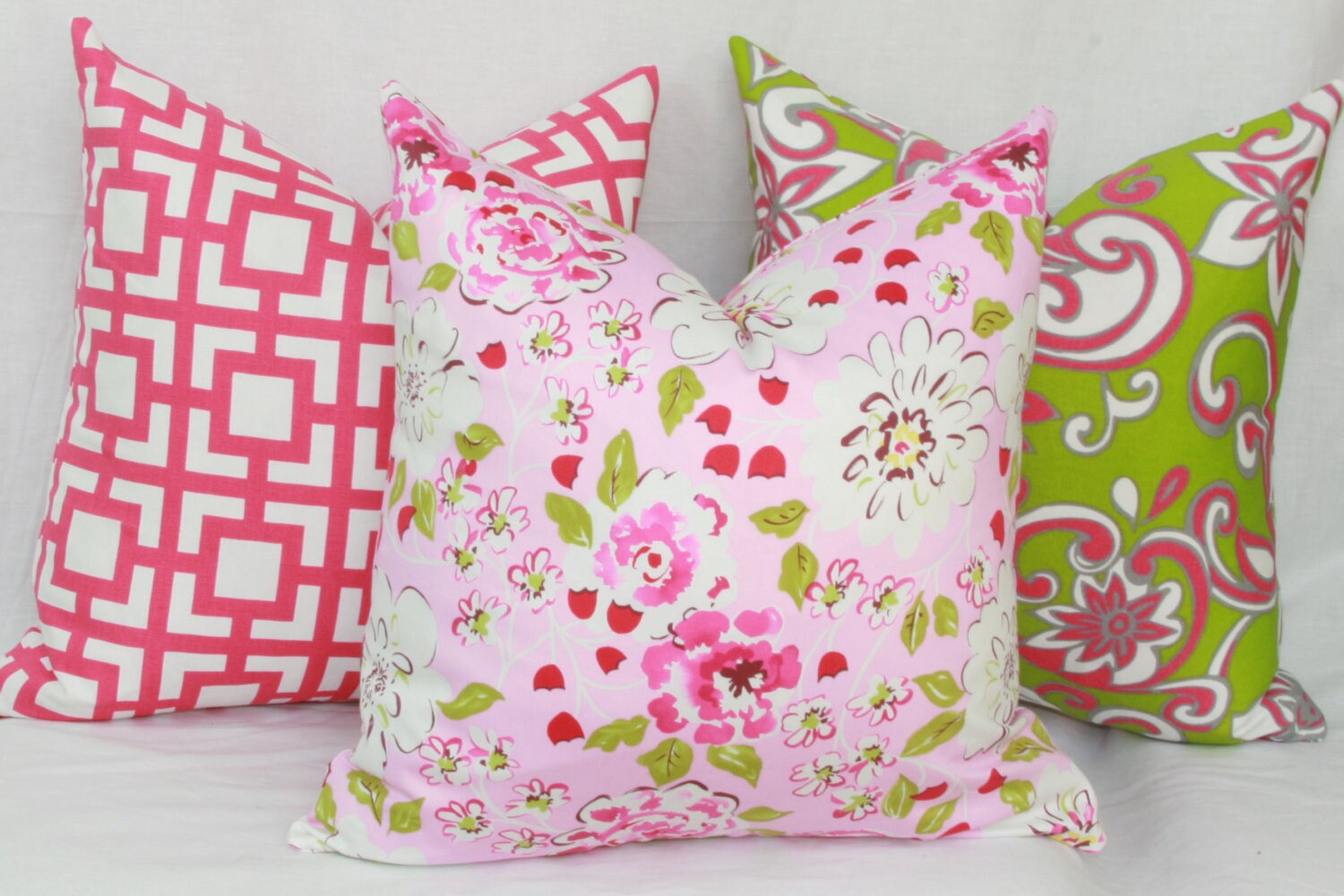 Pink green floral decorative throw pillow cover. 16x16 26x26