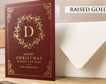 Tarjetas de Navidad personalizadas, tarjetas navideñas con monograma en lámina dorada, tarjetas de felicitación navideñas familiares de lujo, tarjetas de Navidad rojas personalizadas