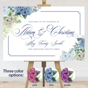 Wedding bridal shower sign hydrangea welcome sign poster dusty Blue pink purple green white hydrangea script calligraphy Printed or digital