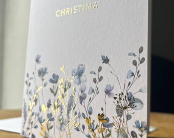 Personalized Dusty Blue Wildflower Stationery | Raised Foil Folded Note Cards | Luxury Floral Stationery