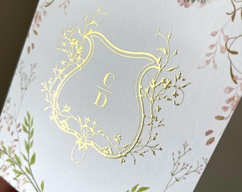Personalized Floral Stationery | Raised Foil Folded Note Cards | Pink & Green Custom Stationery
