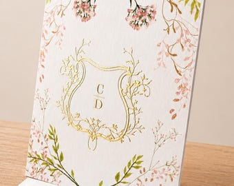 Papelería floral personalizada / Tarjetas de felicitación plegables con relieve metalizado / Papelería personalizada rosa y verde