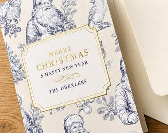 Tarjetas navideñas personalizadas, tarjeta navideña con detalles dorados, felicitación navideña familiar de lujo, Papá Noel vintage personalizado.