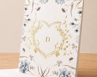 Papelería personalizada con flores silvestres en azul empolvado / Tarjetas de notas plegables con relieve metalizado / Papelería floral de lujo
