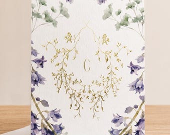 Papelería personalizada con estampado floral morado / Tarjetas plegables con relieve metalizado / Papelería de lujo personalizada