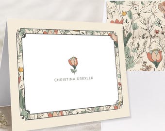 Tarjetas de felicitación personalizadas con diseño de flores silvestres en color marfil, naranja y verde / Juego de papelería personalizado con forros para sobres