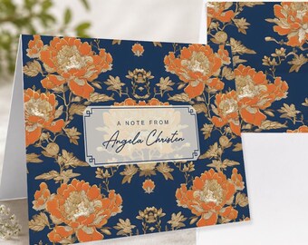 Personalized Chinoiserie Orange & Navy Notecards | Custom Stationery with Envelope Liners