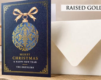 Tarjetas navideñas personalizadas, tarjeta navideña con detalles dorados, felicitación navideña familiar de lujo, adorno personalizado azul marino y dorado.