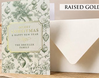 Tarjetas navideñas personalizadas, tarjeta navideña con lámina de oro, felicitación navideña familiar de lujo, adorno vintage francés de estilo chinoiserie personalizado.