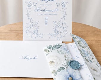 Tarjeta "¿Quieres ser mi dama de honor?", Propuesta personalizada para dama de honor, Tarjeta de boda floral azul empolvado, Propuesta para dama de honor, Regalo para la fiesta de bodas