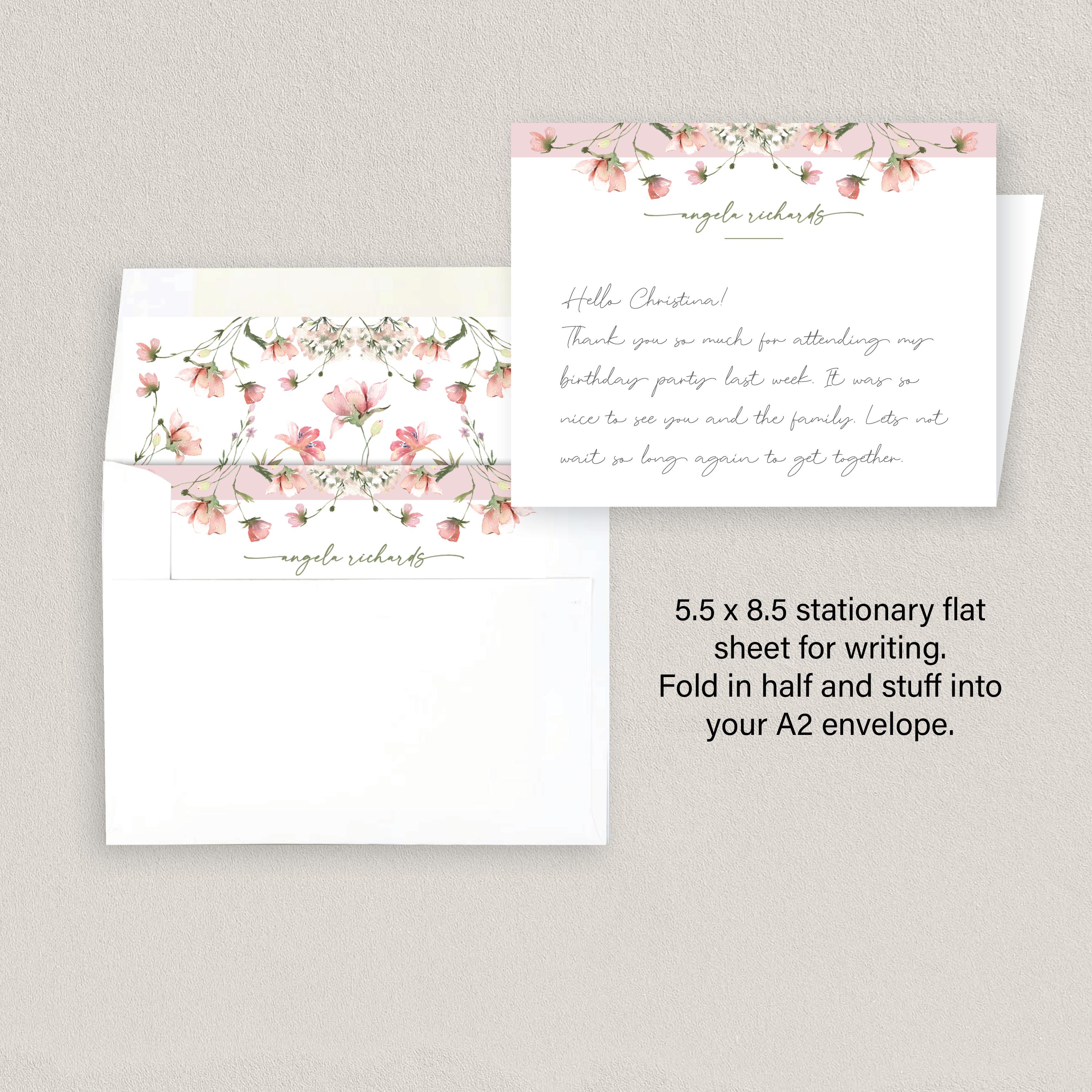 Personalized Pink Floral Stationary Set | Custom Printed (flat Foldable ...