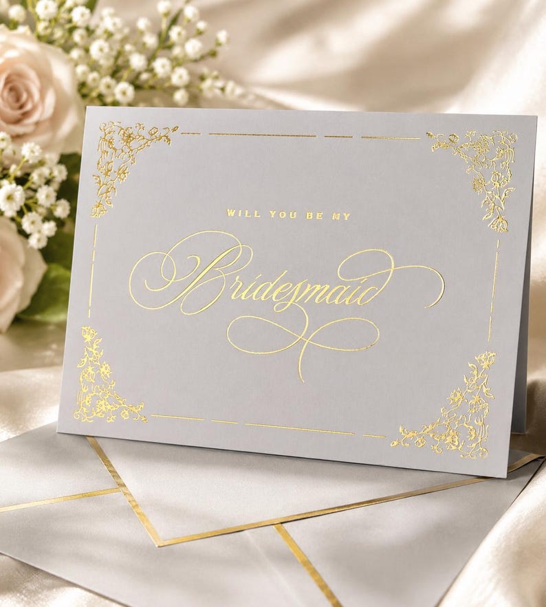 以下が含まれることがあります： 「WILL YOU BE MY Bridesmaid」と金箔で記されたライトグレーの二つ折りカード。ブロック体と筆記体を組み合わせた文字が特徴で、四隅には金箔の繊細な花柄の装飾と枠線が施されています。同色のグレーの封筒が添えられています。