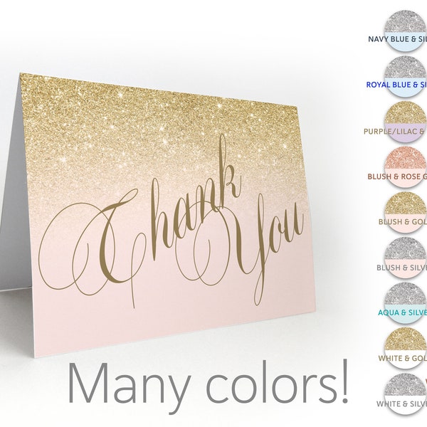 Thank you card rose gold/purple/Aqua turquoise/navy royal blue/pink blush/Silver/gold sparkle glitter set | elegant shower note card