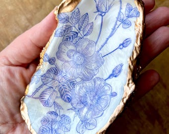 Oyster shell trinket dish handmade blue floral French Toile gift box