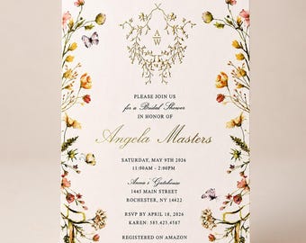 Invitación para despedida de soltera con relieve de lámina dorada / diseño floral de flores silvestres / juego impreso con sobre