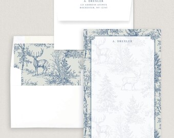Personalized Toile Letter Writing Stationery | Blue & Green Deer Stationery Set | Custom Writing Paper