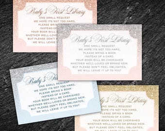 Bring a book insert for baby shower invitation. Baby's first library. Gold, rose gold, silver, blue, pink, blush combo. Printed.