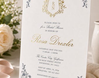 Dusty Blue Bridal Shower Invitation | Raised Gold Foil | Romantic Floral Bridal Shower Invite