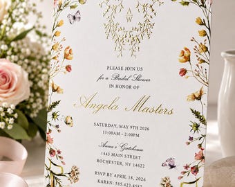 Bridal Shower Invitation Raised Gold Foil | Wildflower floral | printed set with envelope