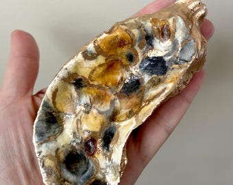 Oyster shell trinket dish handmade black brown gold hand painted animal print design gift box