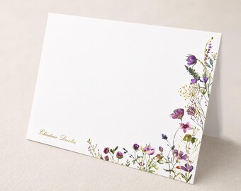 Personalized Raised Foil Purple Wildflower Stationery Set | Luxury Custom Note Cards