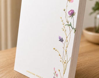 Personalized Raised Foil Wildflower Stationery | Luxury Custom Note Cards | Purple & Pink Floral Correspondence Set