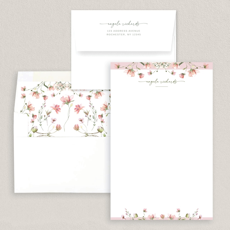 Personalized Pink Floral Stationary Set | Custom Printed (flat Foldable ...