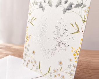 Papelería floral personalizada / Tarjetas de felicitación plegables con relieve metalizado / Papelería de lujo personalizada